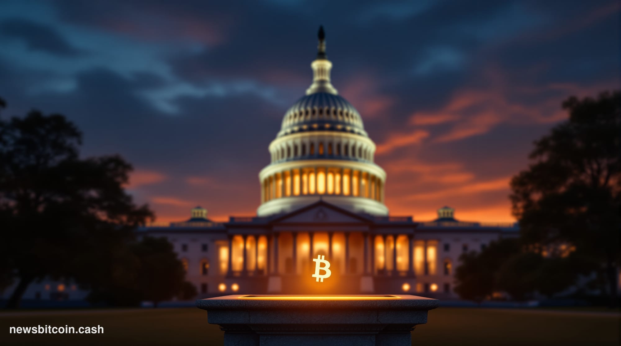 Cinematic photorealistic editorial photograph of the United States Capitol building in Washington D.C., shot at dusk from a l