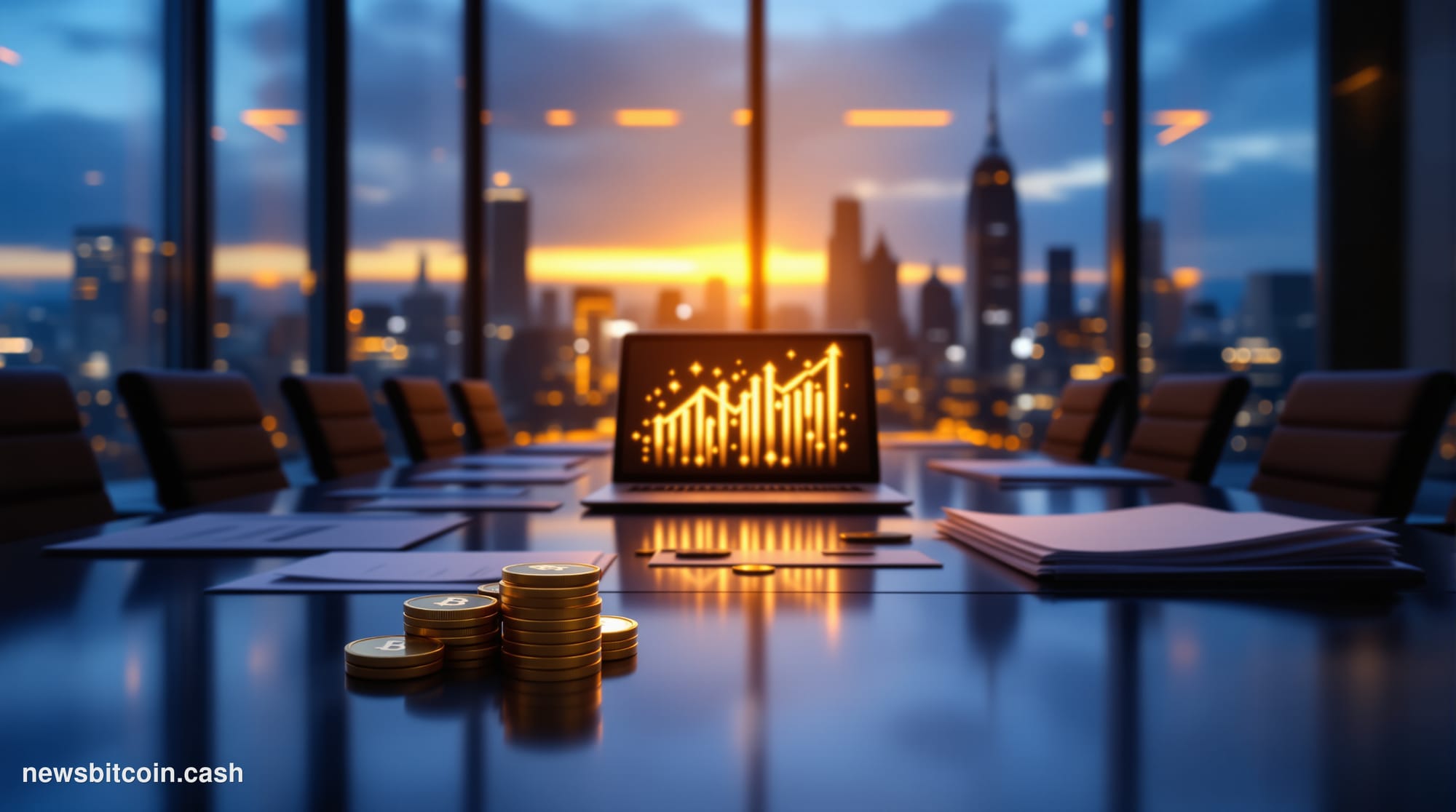 A cinematic photorealistic editorial photograph set inside a modern corporate boardroom with floor-to-ceiling glass walls ove