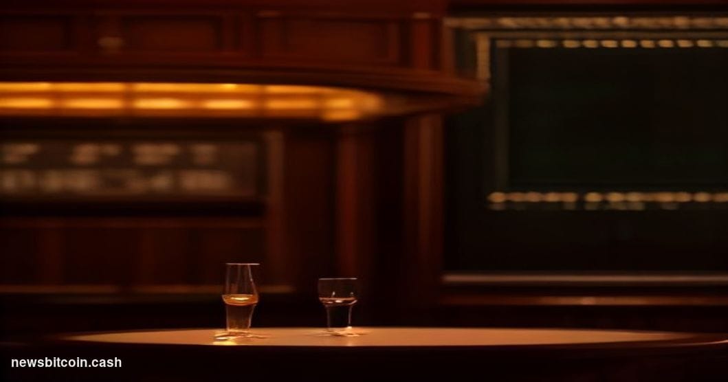 Cinematic photorealistic editorial photograph of a dimly lit, upscale private members' club or trading lounge, where a lone f