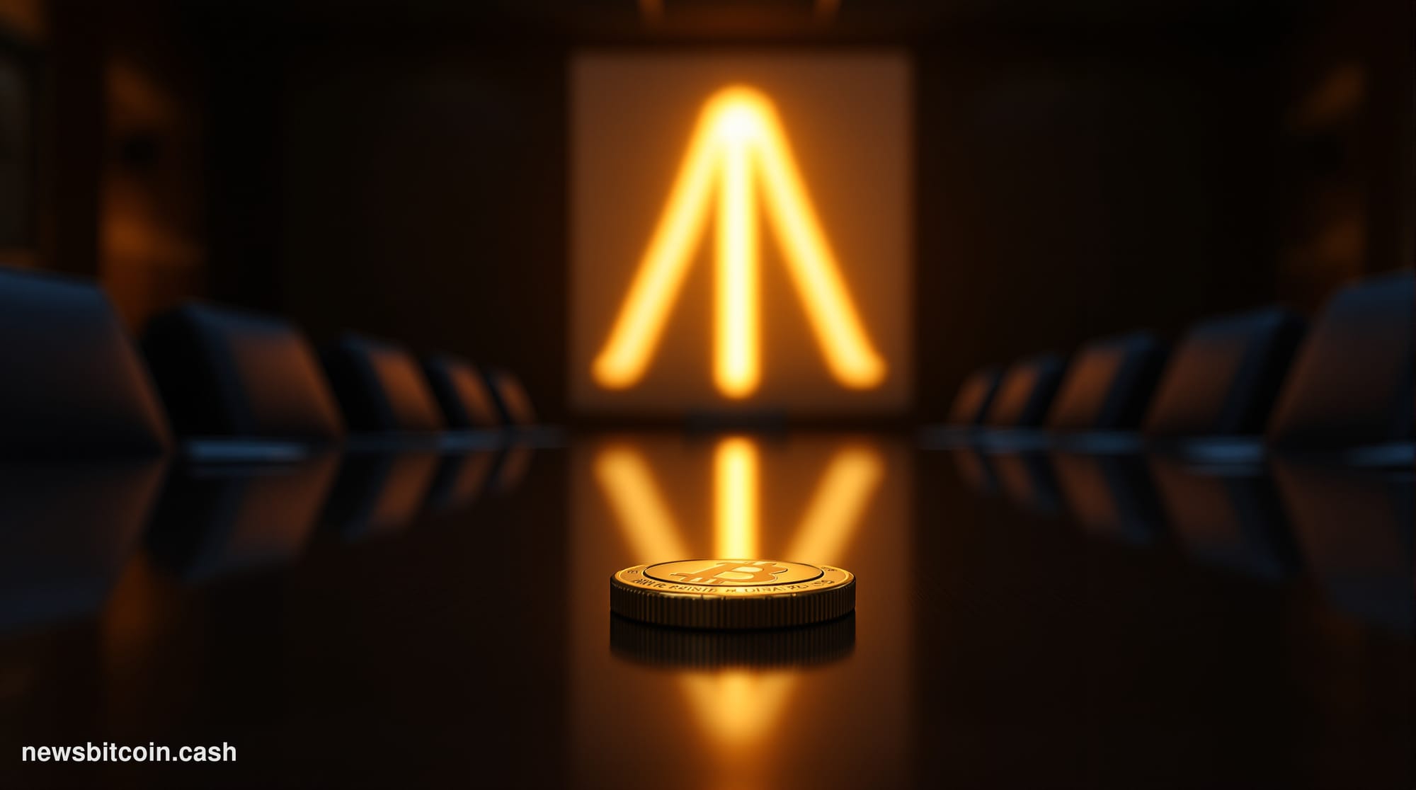 A cinematic photorealistic editorial photograph set inside a grand Federal Reserve meeting room, shot from a low angle lookin