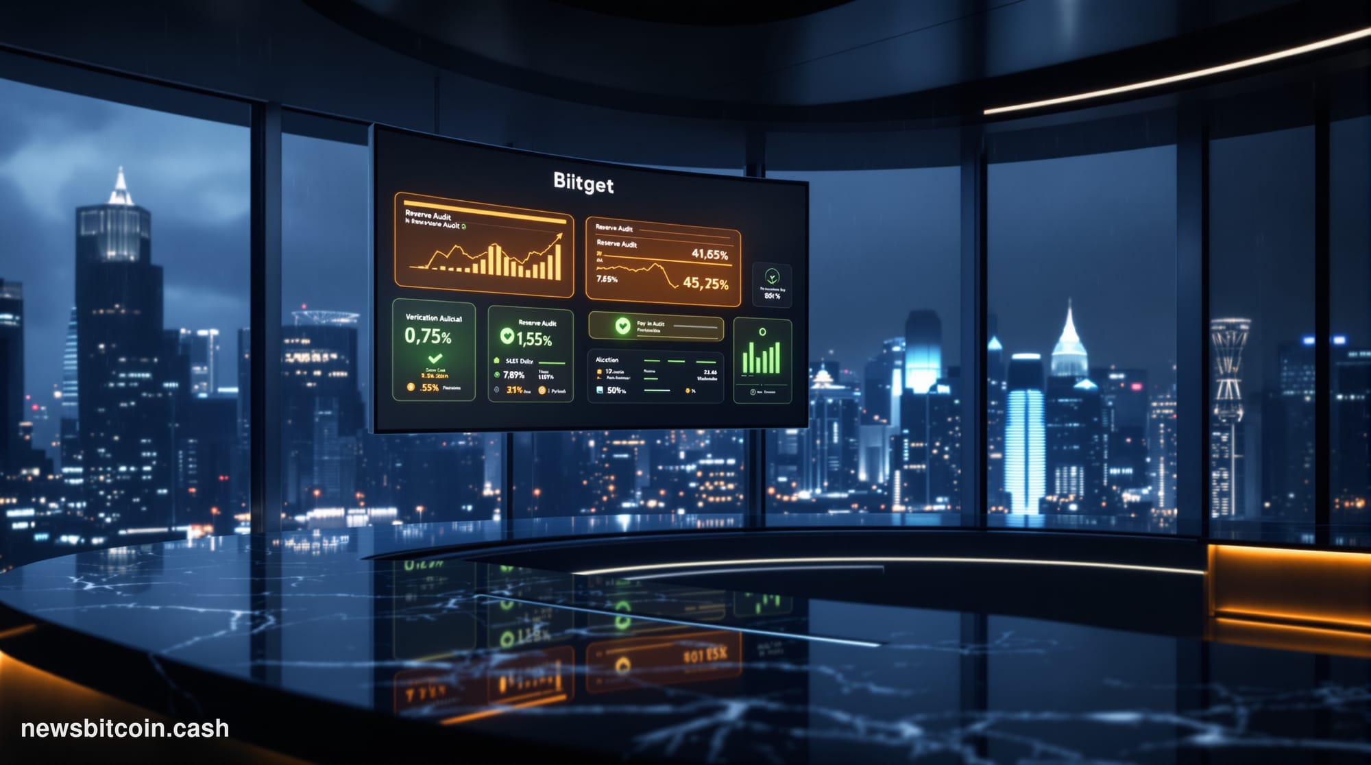 Cinematic photorealistic editorial photograph of a sleek, modern cryptocurrency exchange operations center at night, with the