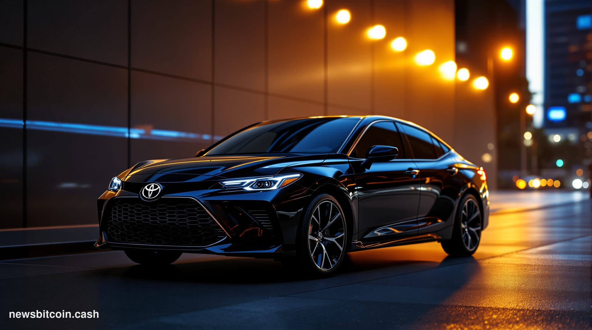A cinematic photorealistic editorial photograph of a gleaming Toyota SUV parked in front of a modern automobile dealership in