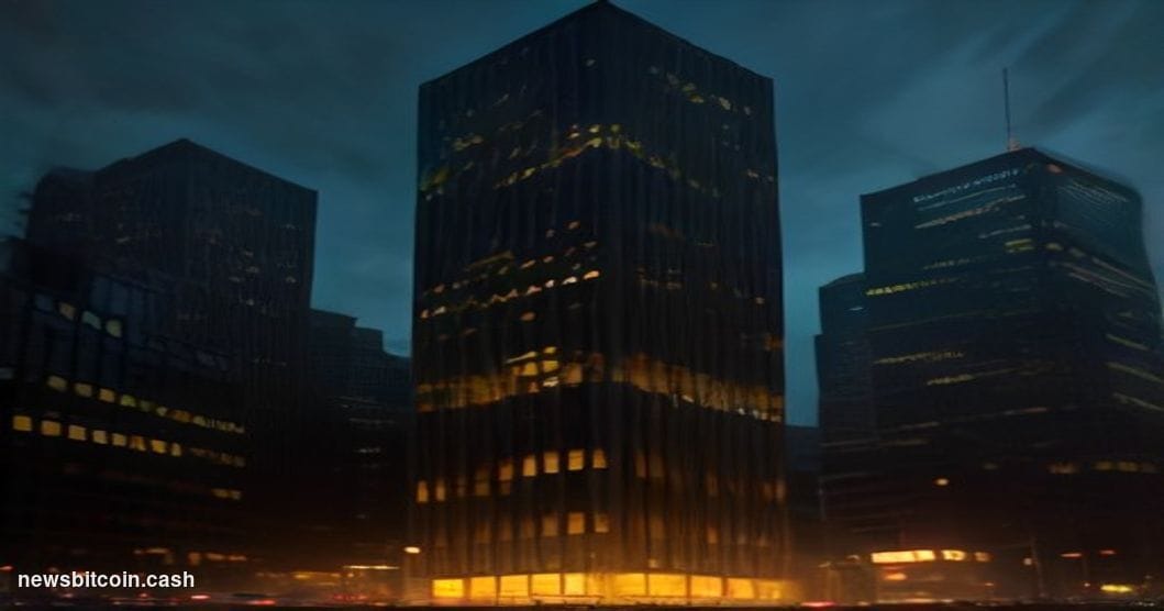 A cinematic photorealistic editorial photograph of BlackRock's Midtown Manhattan headquarters at dusk, shot from a low angle 