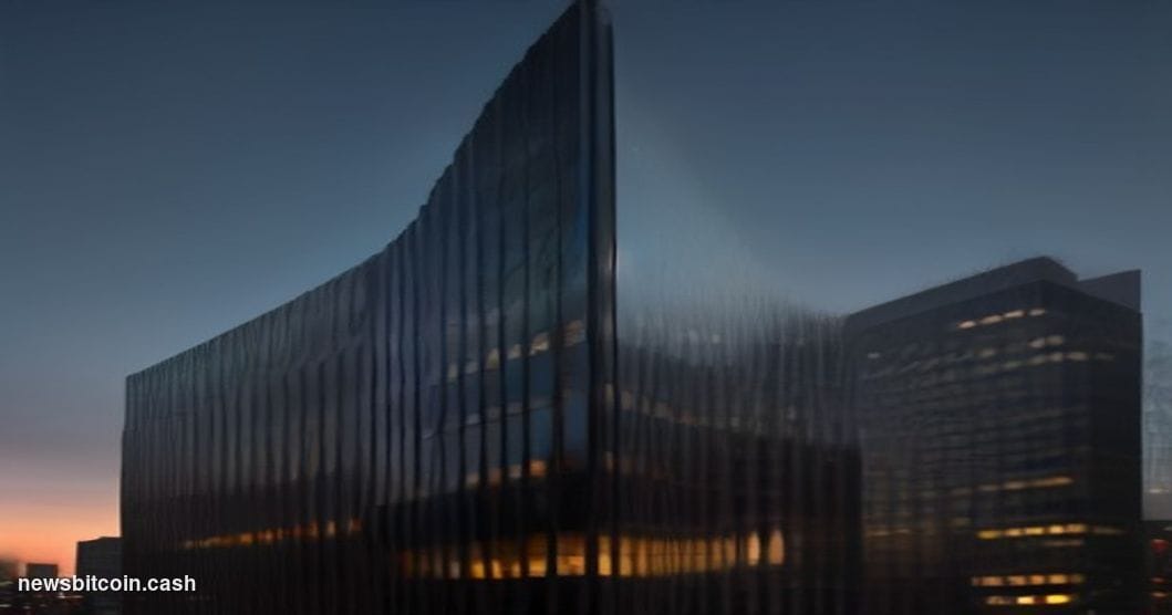 Cinematic photorealistic editorial photograph of BlackRock's Manhattan headquarters at 50 Hudson Yards, shot from a low angle