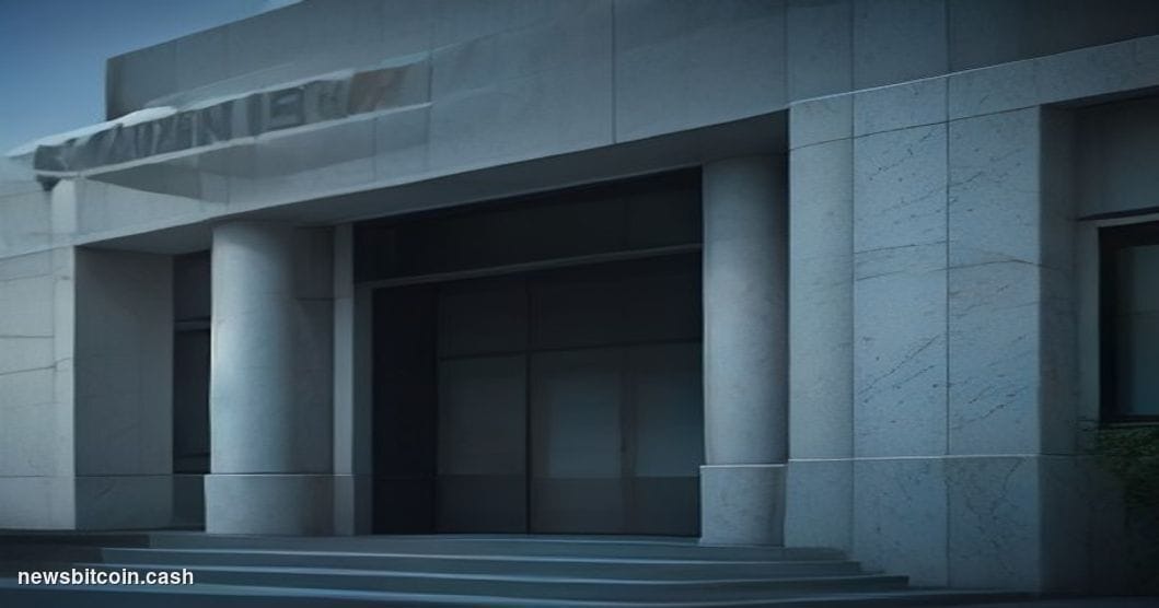 Cinematic photorealistic editorial photograph of a modern financial institution's entrance at dusk, with architectural signag