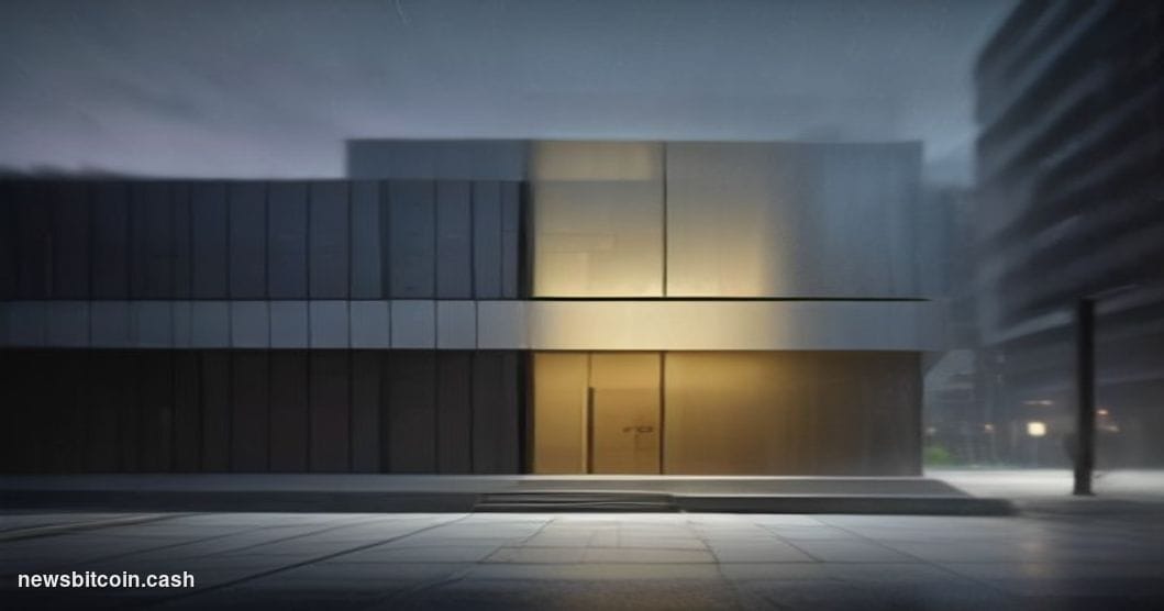 Cinematic photorealistic editorial photograph of a sleek modern bank branch exterior at dusk, with a minimalist stone-and-gla