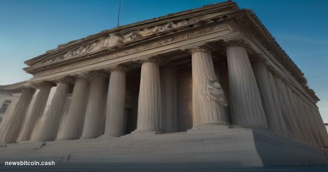 Cinematic photorealistic editorial photograph of a monumental neoclassical federal bank building facade at dusk, shot from a 