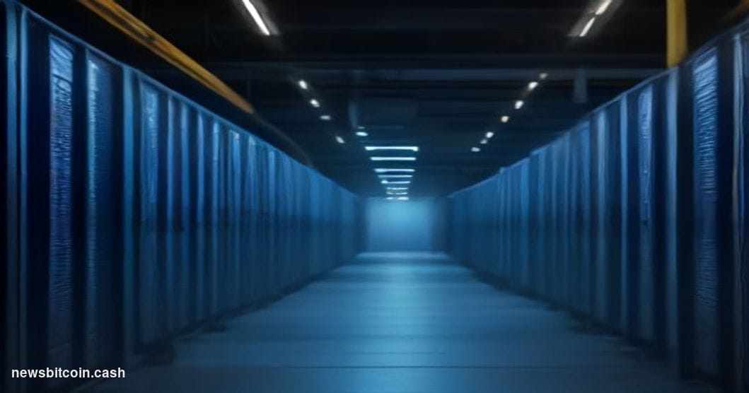 Cinematic photorealistic editorial photograph of a dimly lit server room deep inside a corporate data center, with rows of bl