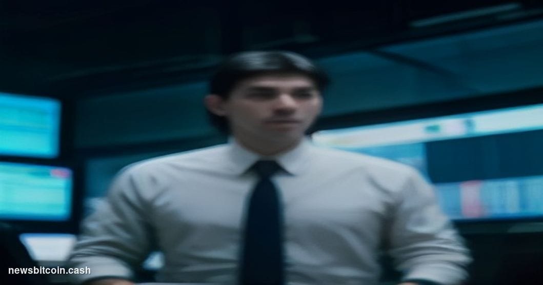 Cinematic photorealistic editorial photograph of a Wall Street trading floor interior bathed in cool blue-white fluorescent l