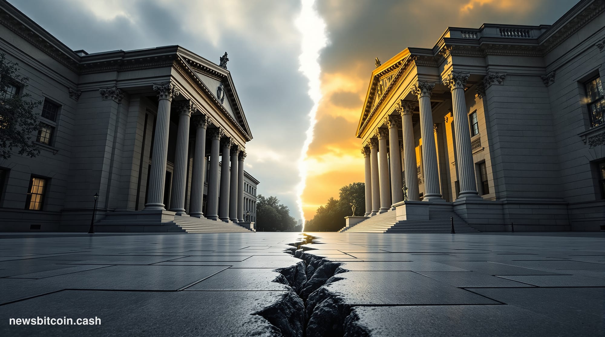 Cinematic photorealistic editorial photograph of two monumental neoclassical bank buildings facing each other across a dramat