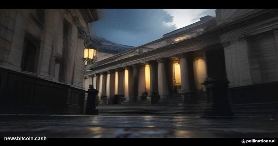 Cinematic photorealistic editorial photograph of the Bank of England's iconic neoclassical Threadneedle Street facade in the 