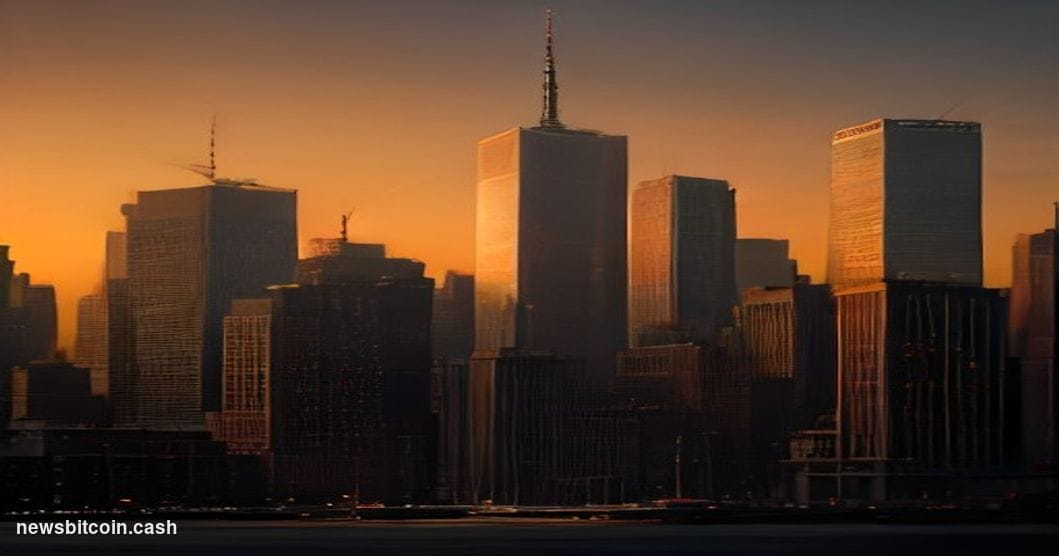 Cinematic photorealistic editorial photograph of the lower Manhattan financial district skyline at dusk, shot from across the