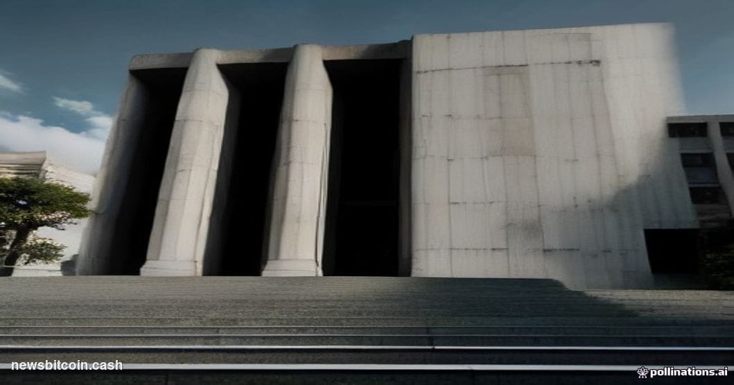 Cinematic photorealistic editorial photograph shot at ground level looking up at the imposing modernist facade of Brazil's Su
