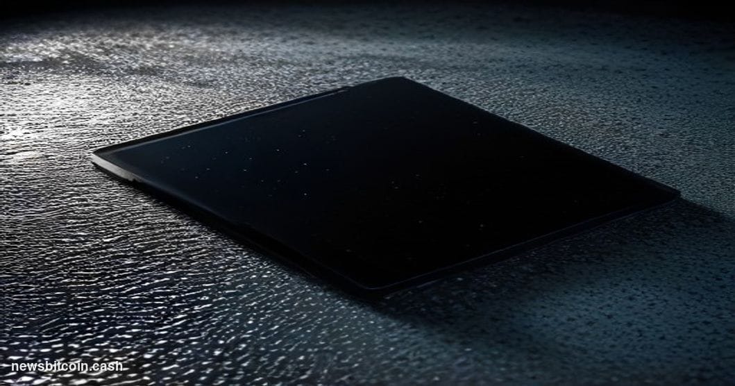 Cinematic photorealistic editorial photograph of a cracked laptop computer half-submerged in a pool of dark liquid on a polis