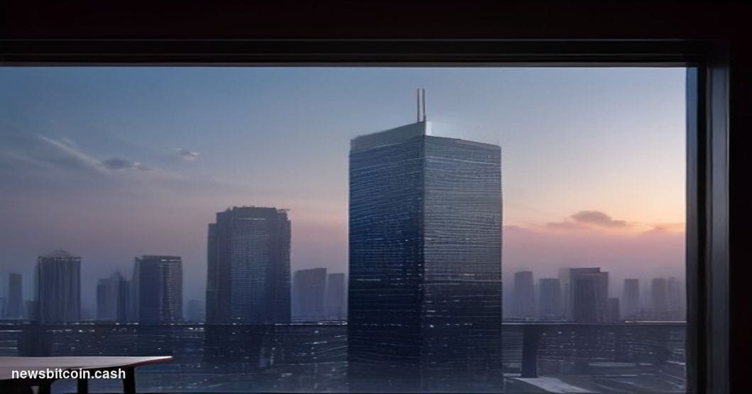 Cinematic photorealistic editorial photograph of a towering glass-and-steel corporate campus at dusk, evoking ByteDance's Bei