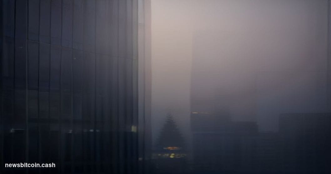 Cinematic photorealistic editorial photograph of a sleek Parisian corporate office tower at dusk, shot from a low angle with 