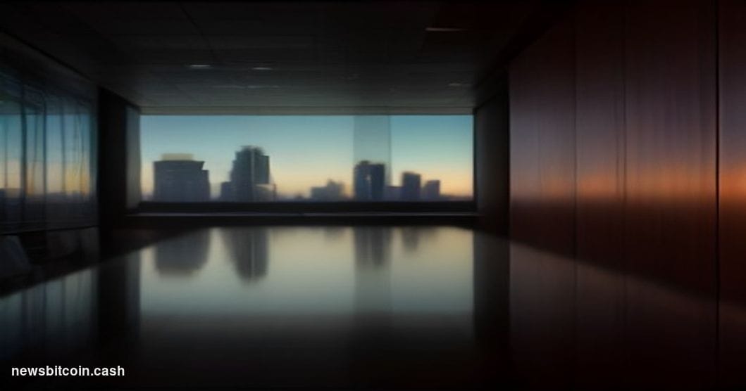 Cinematic photorealistic editorial photograph of a sleek corporate boardroom at dusk, shot from a low angle looking up toward