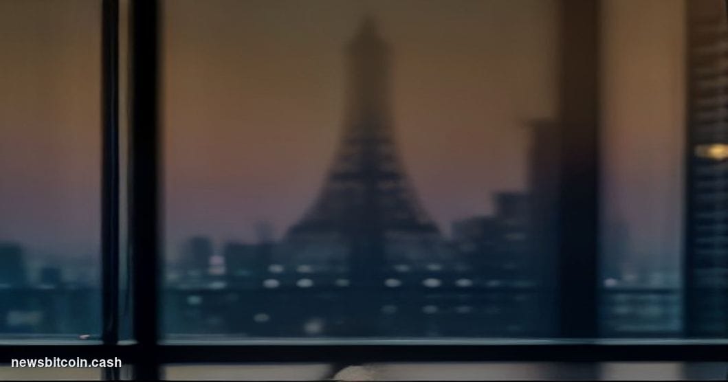 Cinematic photorealistic editorial photograph of a sleek Parisian financial district exterior at dusk, the Eiffel Tower subtl
