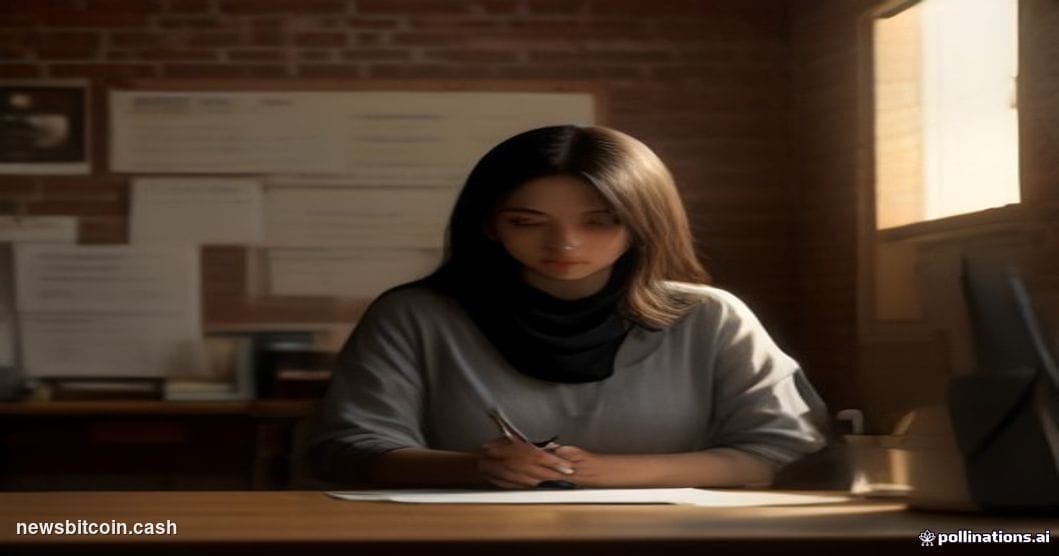 A cinematic photorealistic editorial photograph set inside a sparse, dimly lit nonprofit office space — worn wooden desks, mo