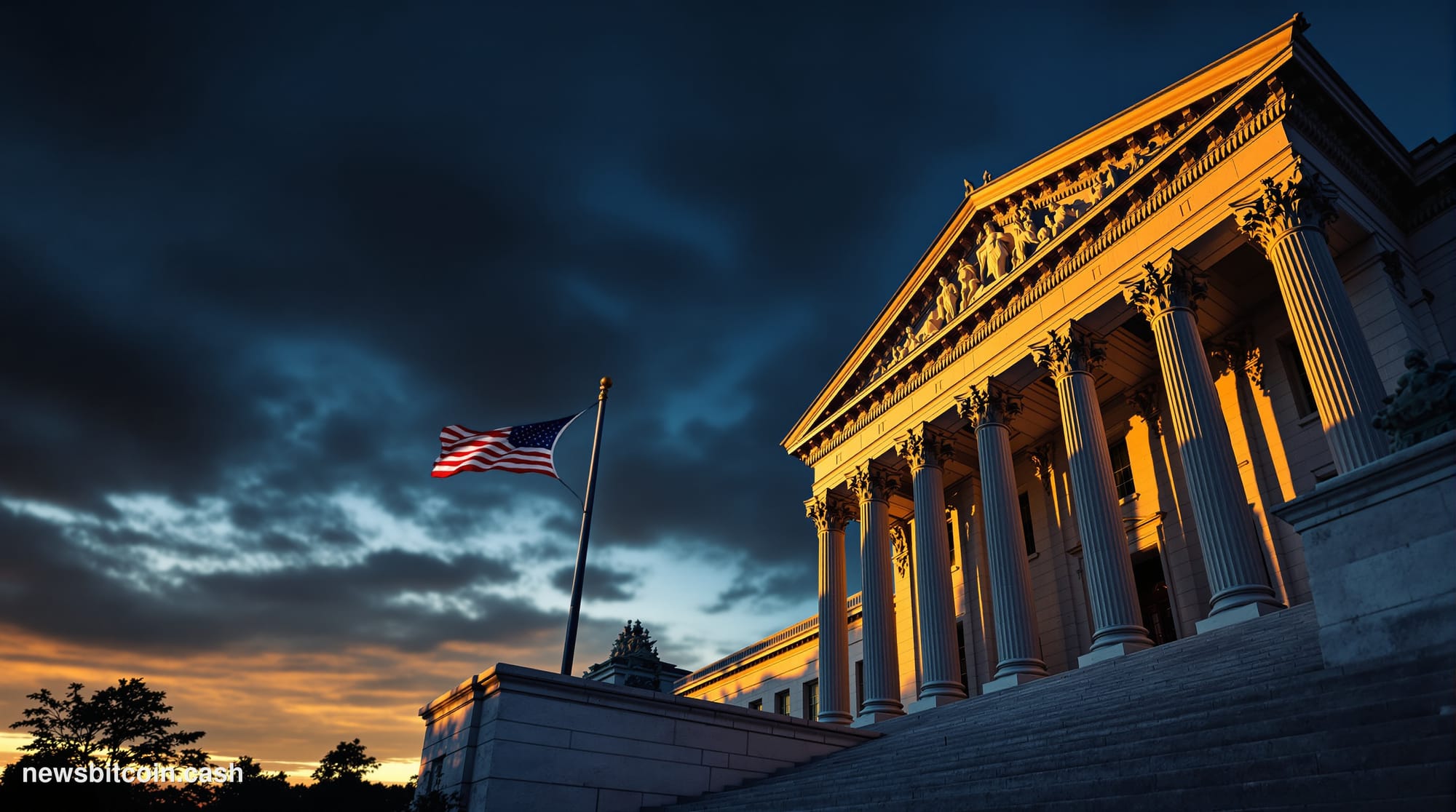 A cinematic photorealistic editorial photograph of the CFTC headquarters building in Washington D.C., shot from a low angle a
