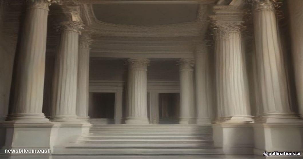 A cinematic photorealistic editorial photograph shot from a low angle looking up at the imposing neoclassical marble facade o