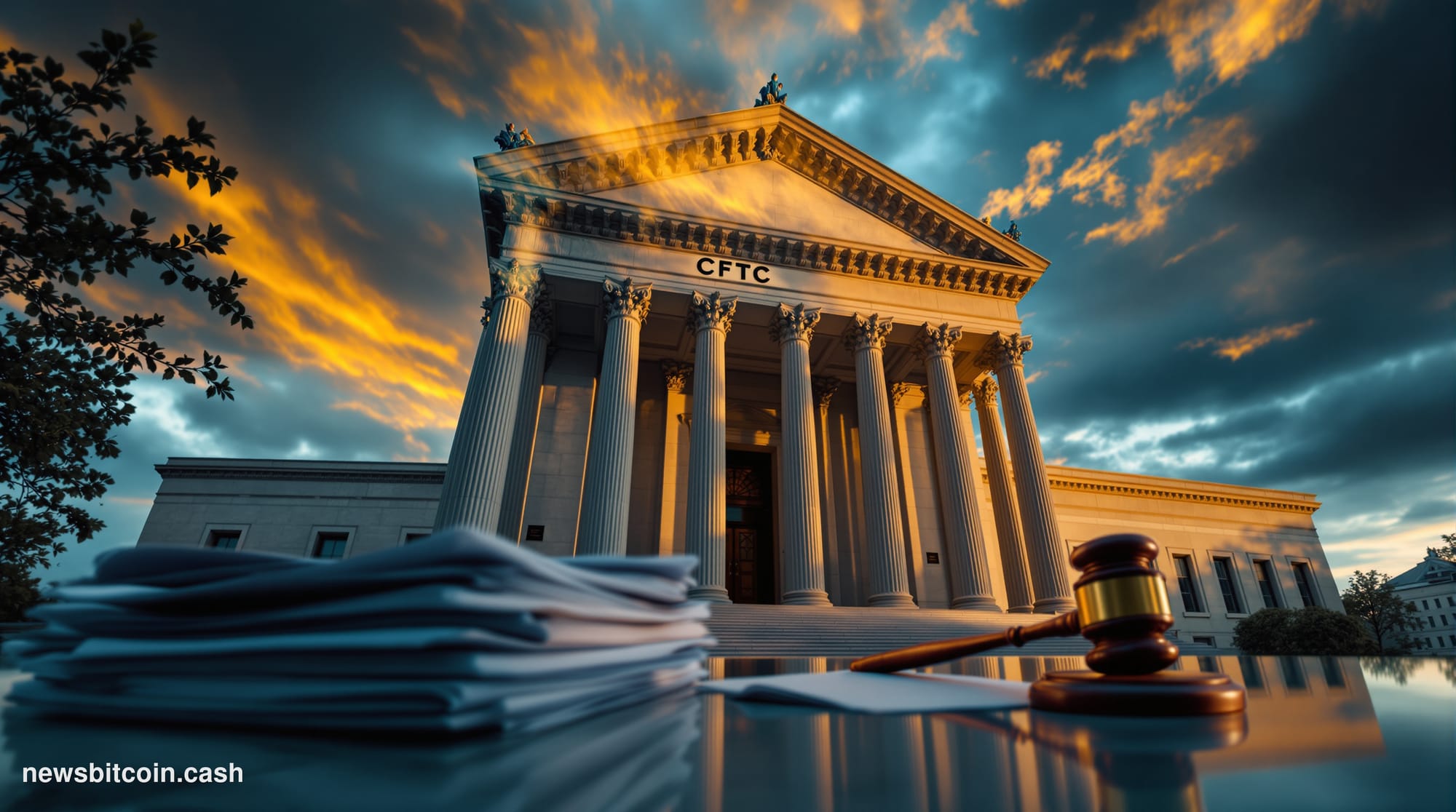 A cinematic photorealistic editorial photograph shot from a low angle looking up at the imposing neoclassical facade of the C