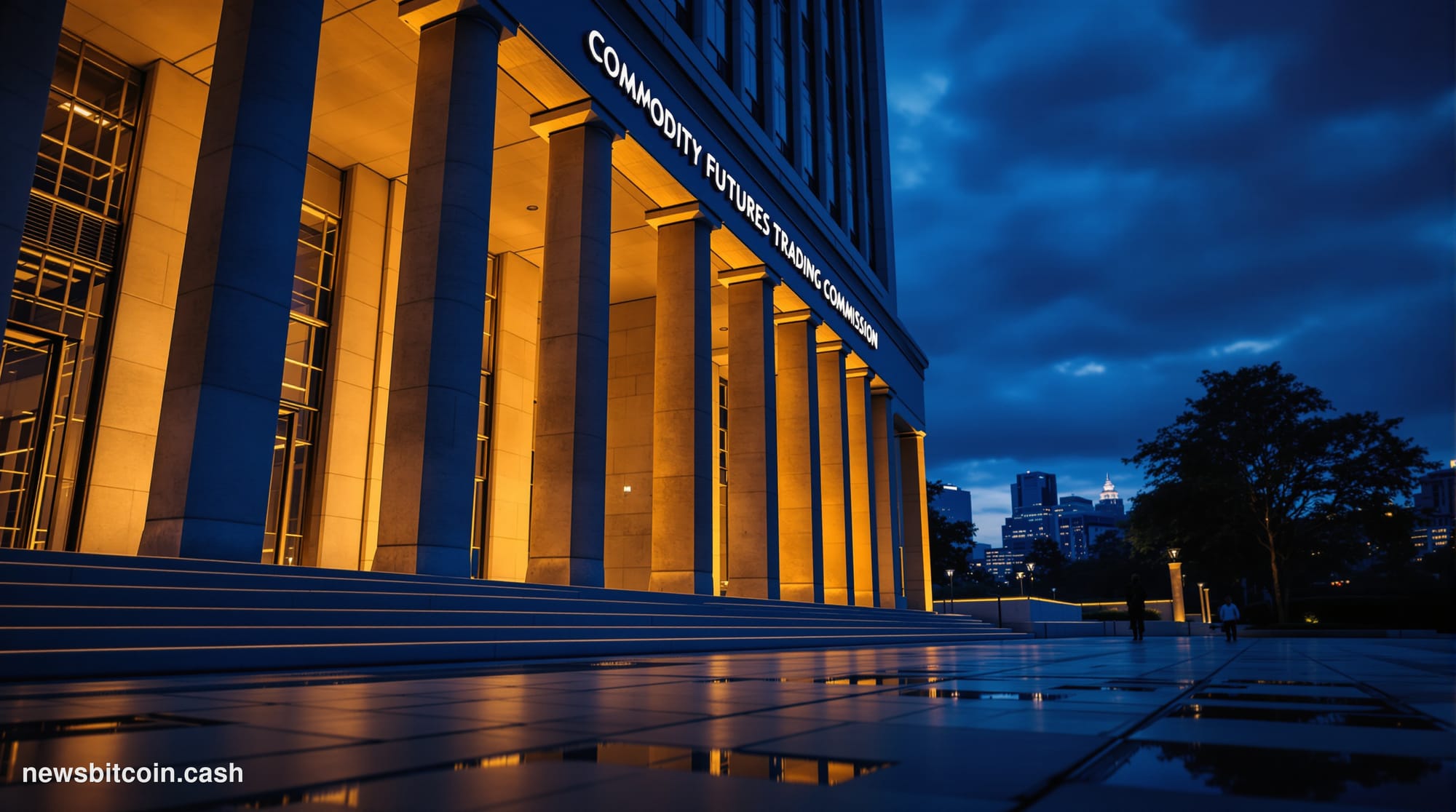 Cinematic photorealistic editorial photograph of the exterior of the Commodity Futures Trading Commission headquarters in Was
