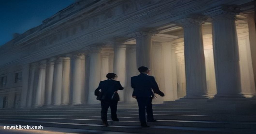 Cinematic photorealistic editorial photograph of a federal courthouse exterior at dusk, wide stone steps and classical column