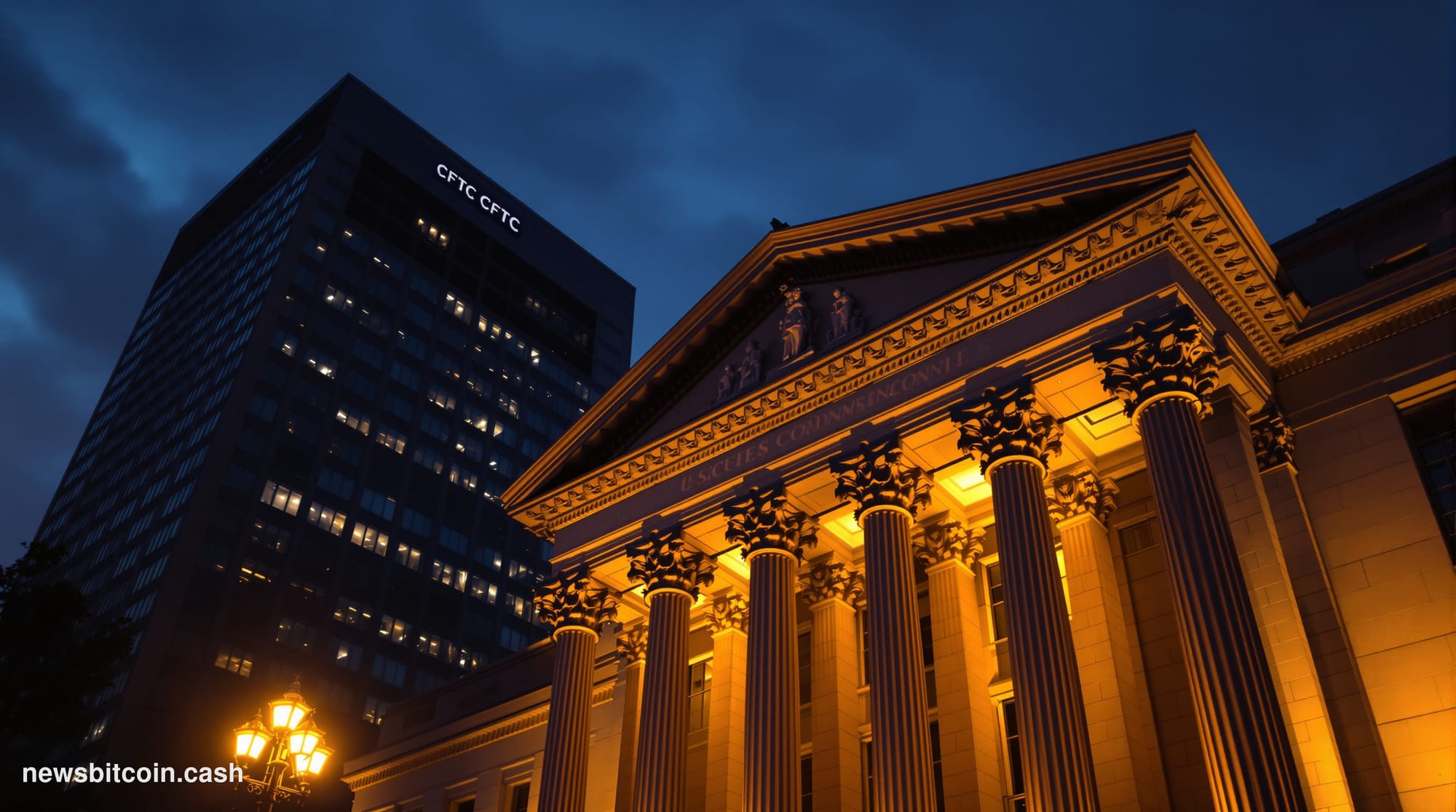 A cinematic photorealistic editorial photograph of the exterior of the U.S. Securities and Exchange Commission headquarters b