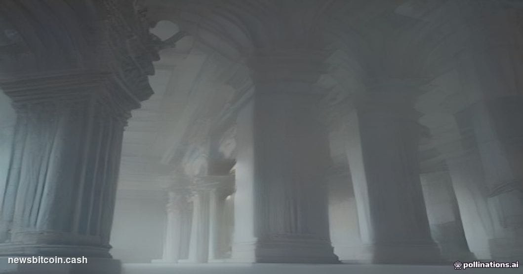 A cinematic photorealistic editorial photograph shot from a low angle looking up at the imposing neoclassical stone facade of