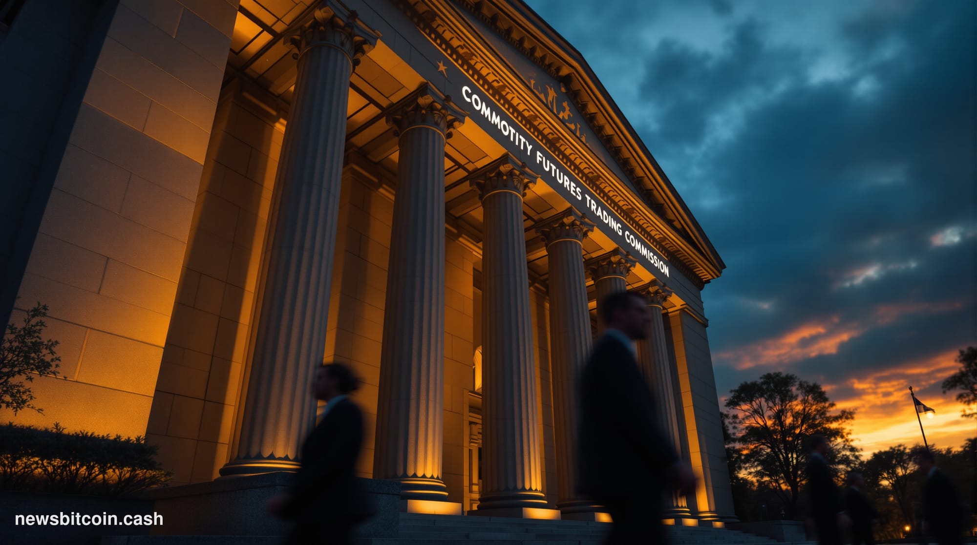 A cinematic photorealistic editorial photograph of the exterior of the Commodity Futures Trading Commission headquarters buil