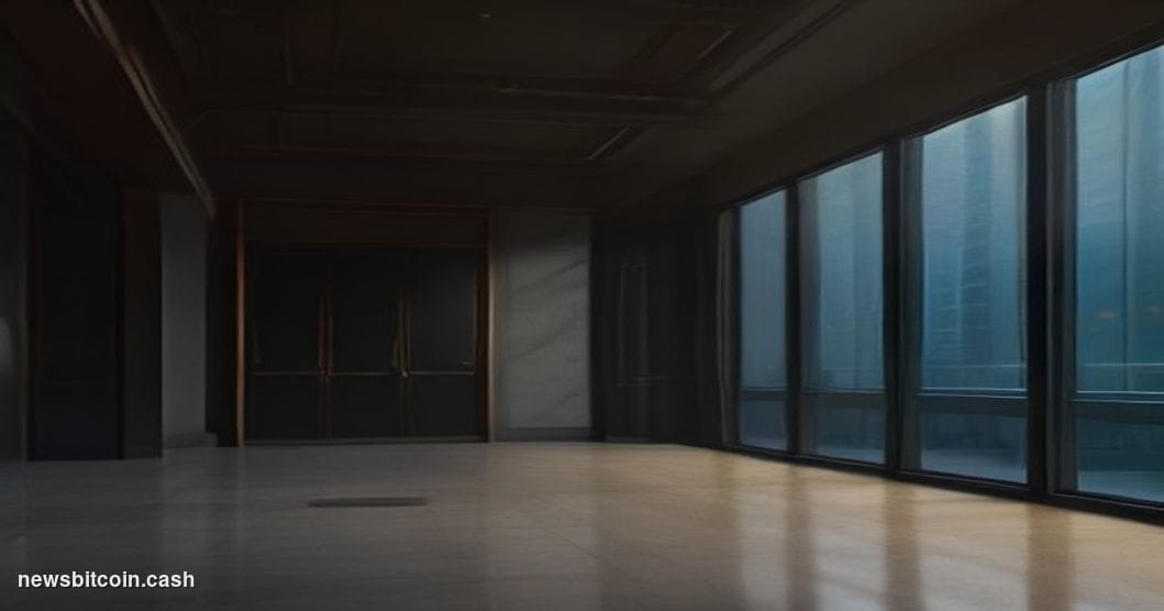 Cinematic photorealistic editorial photograph of a grand financial district banking corridor at dusk, with warm amber light c