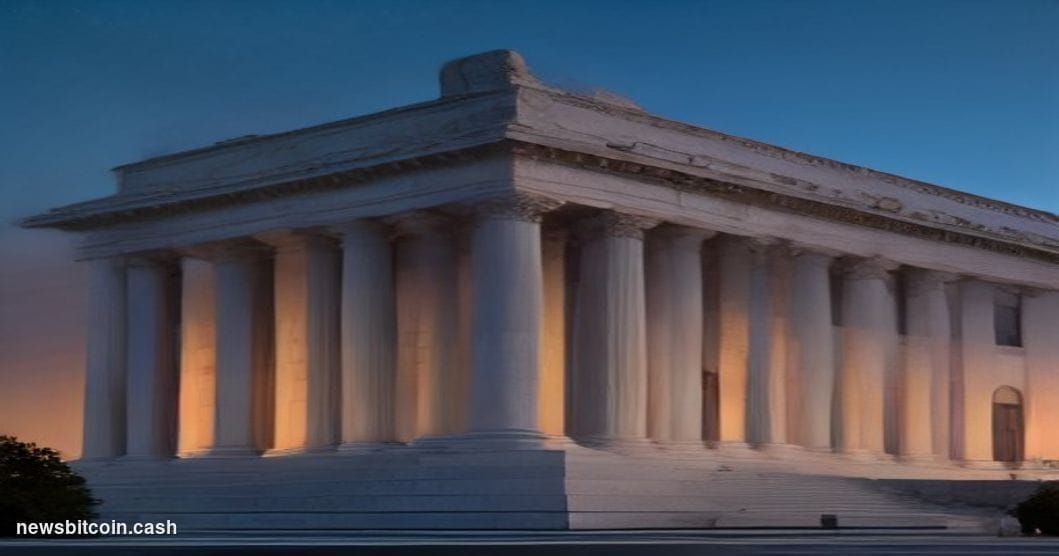 Cinematic photorealistic editorial photograph of the Herbert C. Hoover Building — the U.S. Department of Commerce headquarter