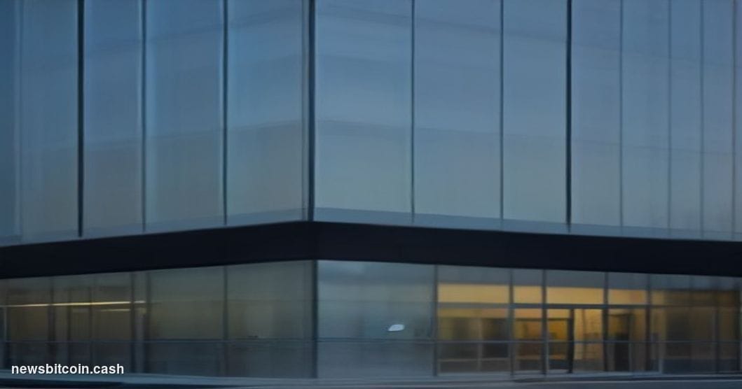 Cinematic photorealistic editorial photograph of a modern American bank branch exterior at dusk, shot from a low angle lookin