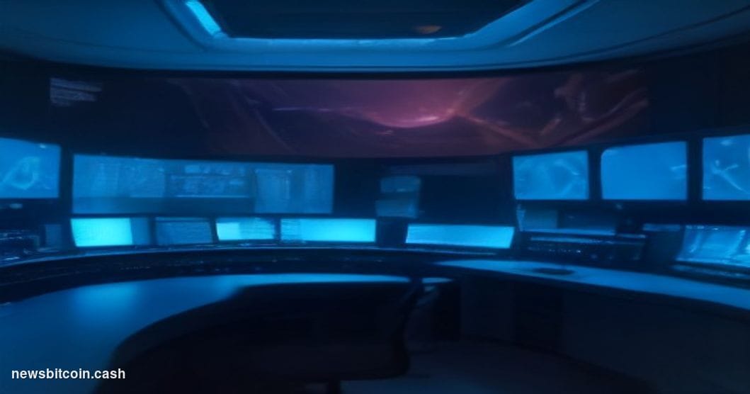 Cinematic photorealistic editorial photograph of a sleek Chinese broadcast studio control room bathed in cool blue and amber 