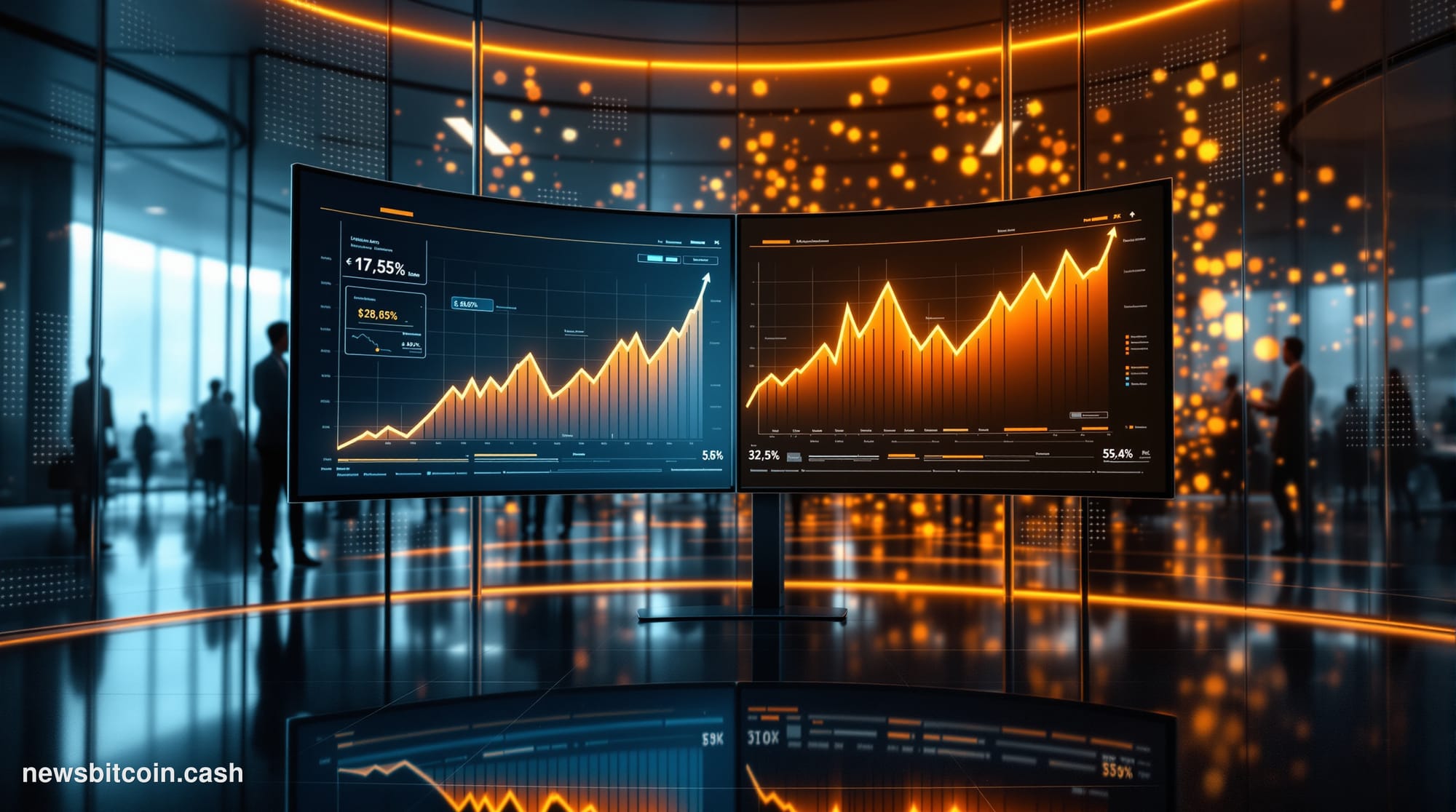Cinematic photorealistic editorial photograph of a sleek, modern financial technology operations center interior — curved gla