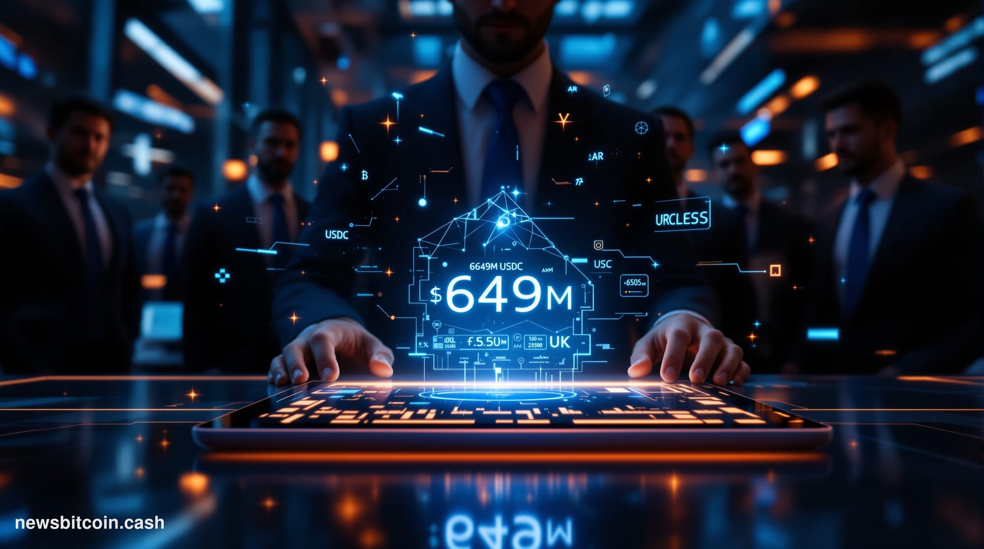 Cinematic photorealistic editorial photograph of a sleek modern financial technology operations center at night, with large c