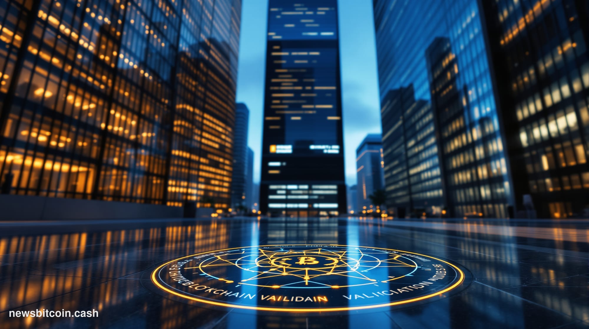 Cinematic photorealistic editorial photograph of a gleaming modern financial district at dusk, shot from a low angle looking 
