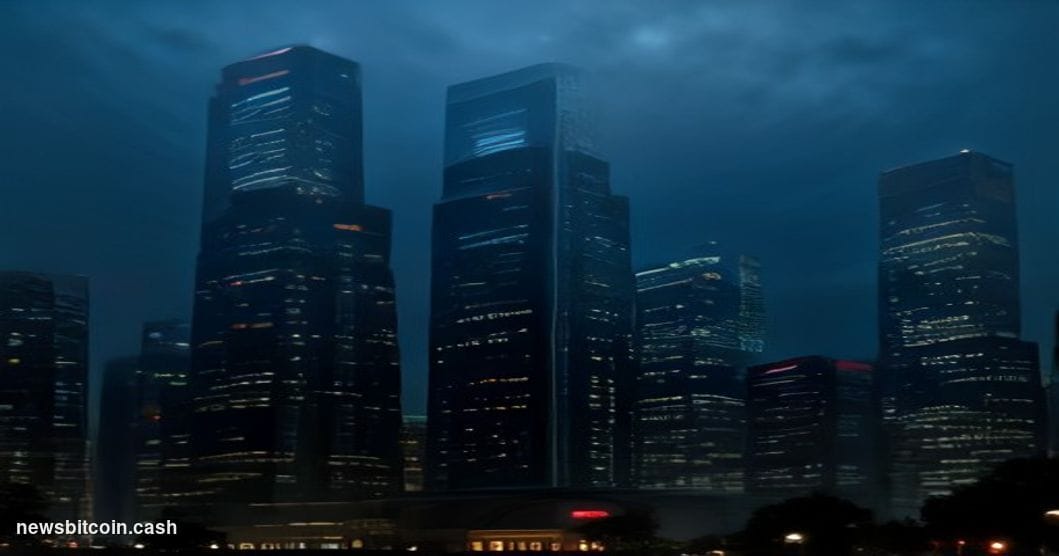 Cinematic photorealistic editorial photograph of a modern financial technology hub at dusk, with a dramatic split-scene compo