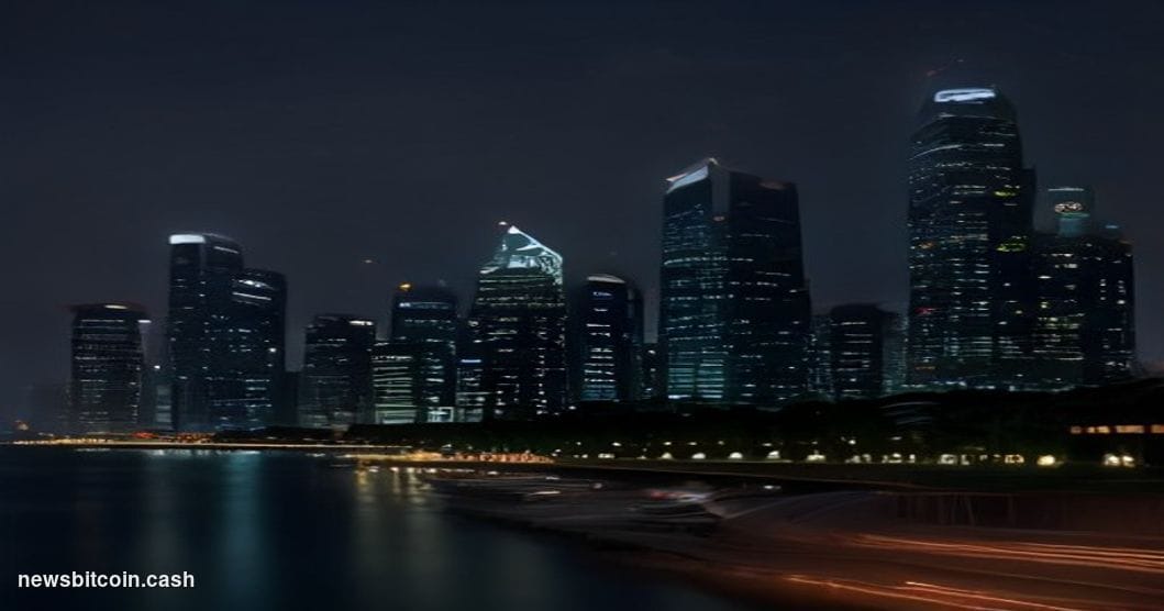 Cinematic photorealistic editorial photograph of two iconic financial district skylines juxtaposed — Singapore's Marina Bay f