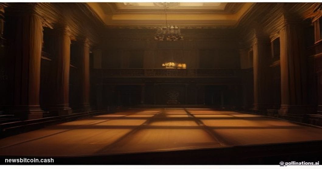 A cinematic photorealistic editorial photograph of the U.S. Senate chamber interior, shot from a low angle looking toward the