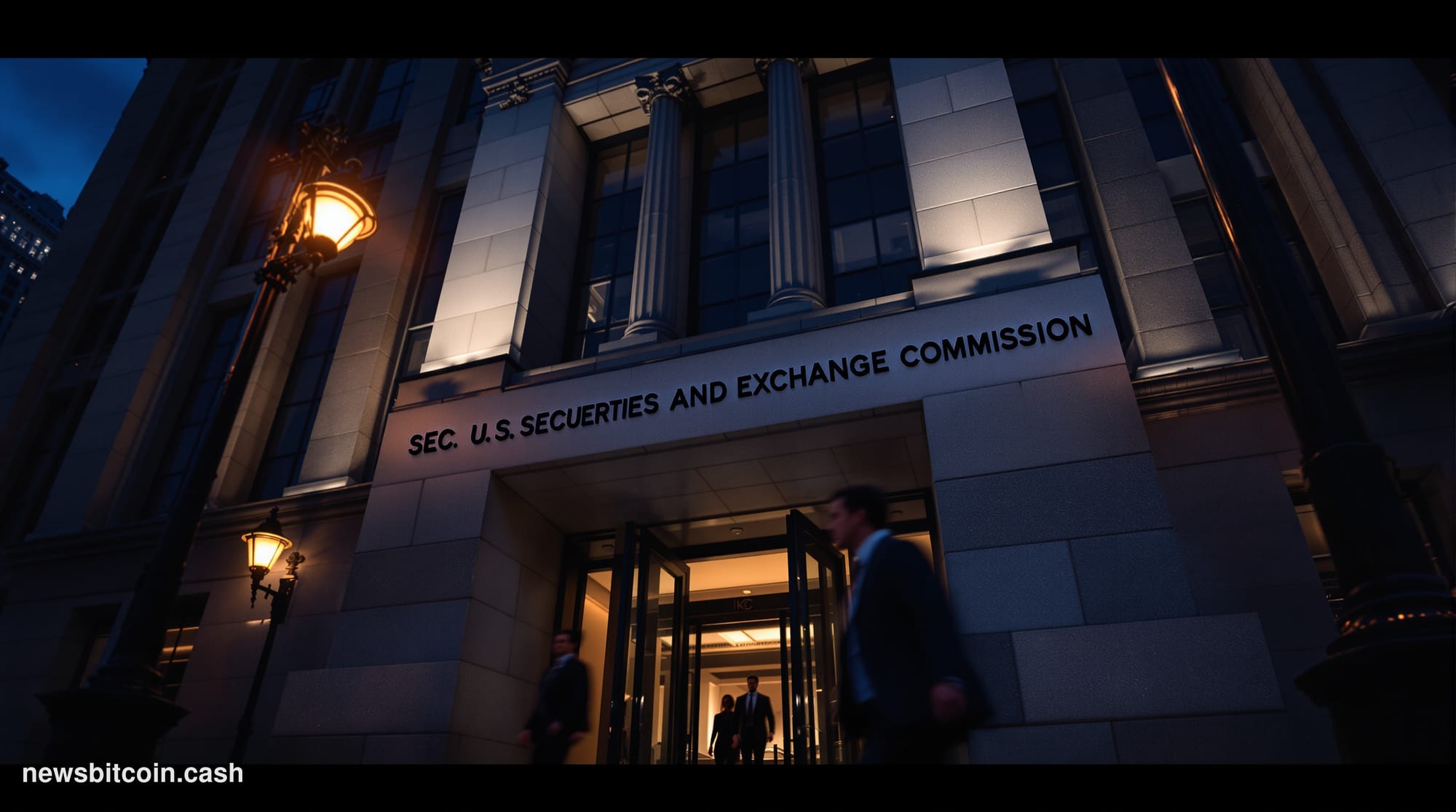 Cinematic photorealistic editorial photograph of the exterior of the U.S. Securities and Exchange Commission headquarters in 