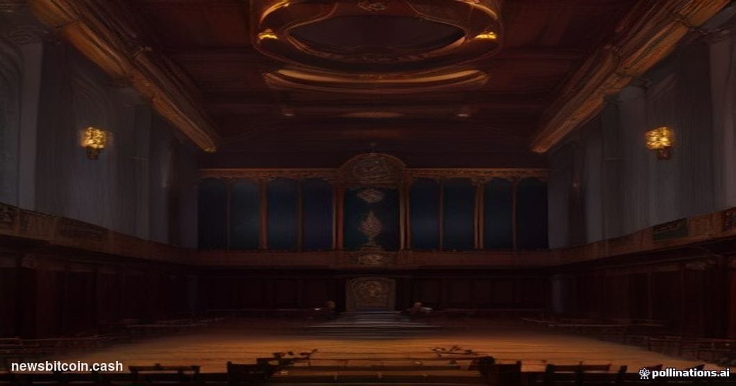 A cinematic photorealistic editorial photograph of the United States Senate chamber interior, shot from a low angle looking u