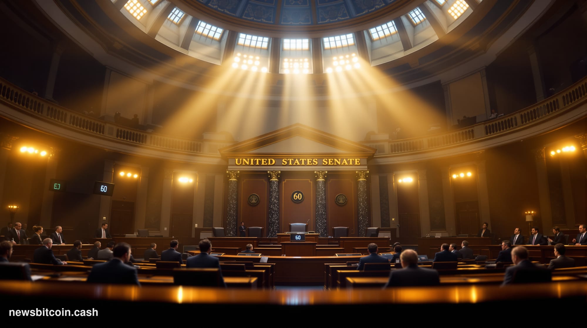 Cinematic photorealistic editorial photograph of the United States Senate chamber interior, shot from a low angle looking tow