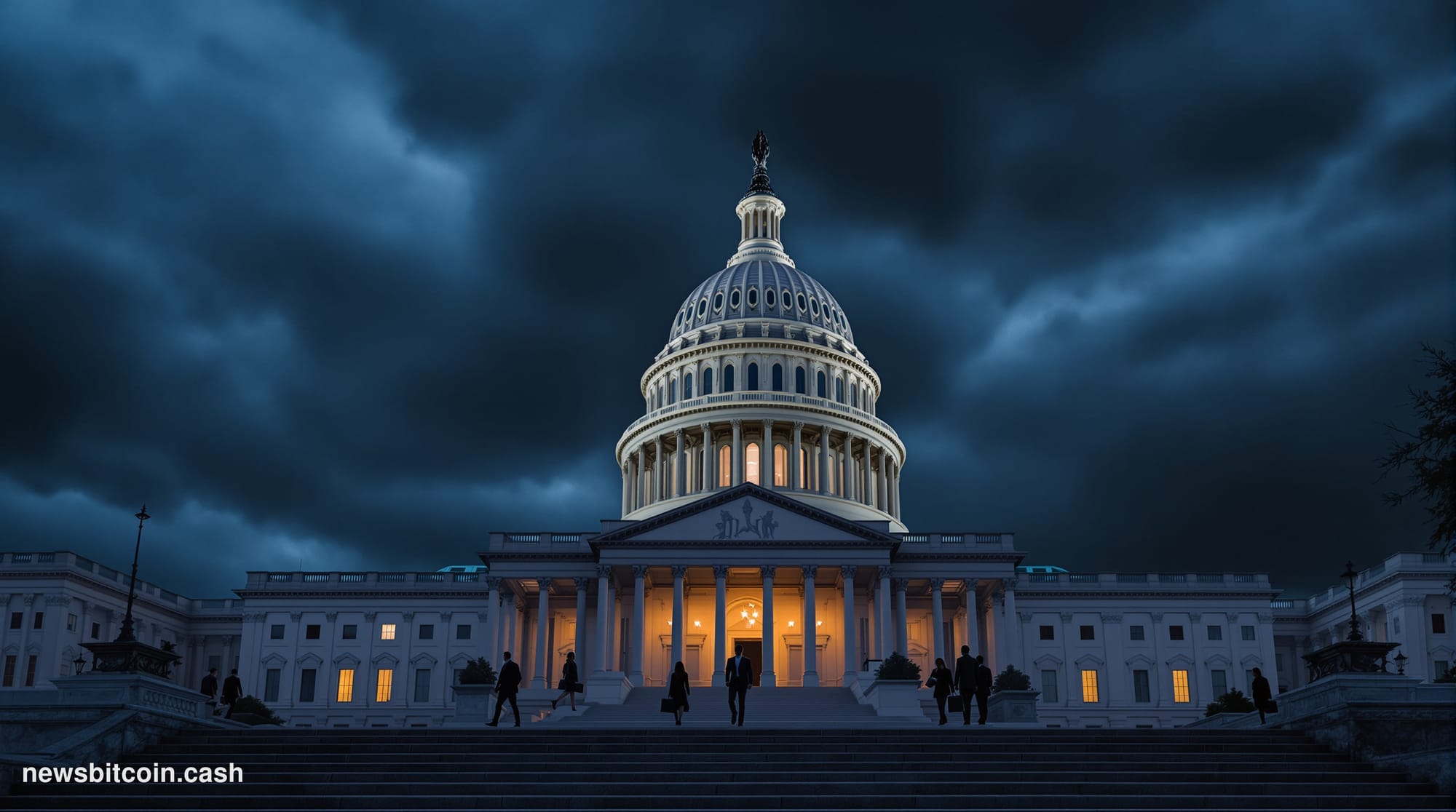 Cinematic photorealistic editorial photograph of the United States Capitol building at dusk, shot from a low angle looking up