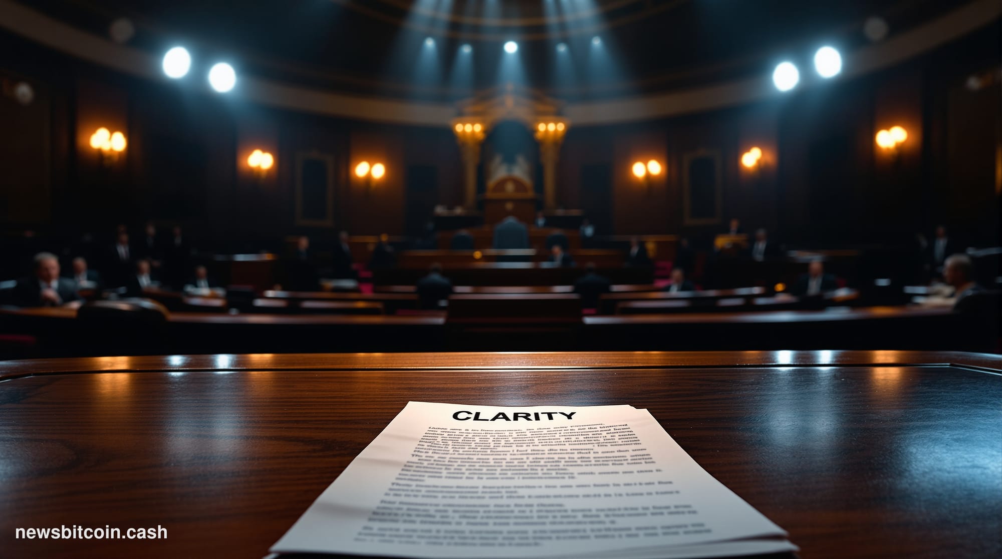 A cinematic photorealistic editorial photograph of the United States Senate chamber interior, shot from a low angle looking t