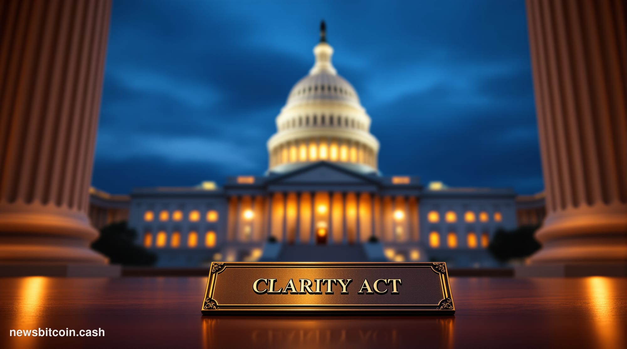 A cinematic photorealistic editorial photograph of the United States Senate chamber exterior at dusk, the neoclassical white 