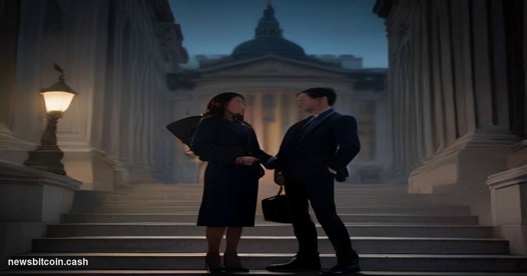 A cinematic photorealistic editorial photograph shot at dusk outside a classic granite-faced U.S. Senate district office buil