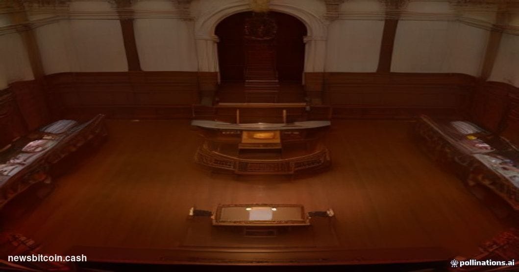 A wide-angle cinematic shot of the United States Senate chamber interior, dramatically lit from above with golden overhead li