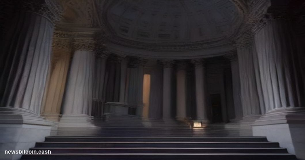 Cinematic photorealistic editorial photograph of the United States Capitol building at dusk, shot from a low angle looking up